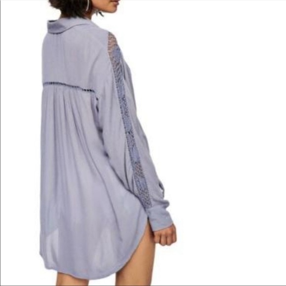 Free People Katie Bird Lace Crochet Inset Long Sleeve Boho Button Front Shirt - Picture 3 of 10
